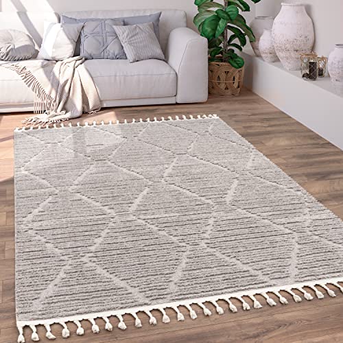 Paco Home Teppich Wohnzimmer Schlafzimmer Kurzflor Boho Muster Ethno Modern Skandinavisch Rautenmuster 3D Effekt Mit Fransen, Grösse:160x230 cm, Farbe:Grau 3 von Paco Home