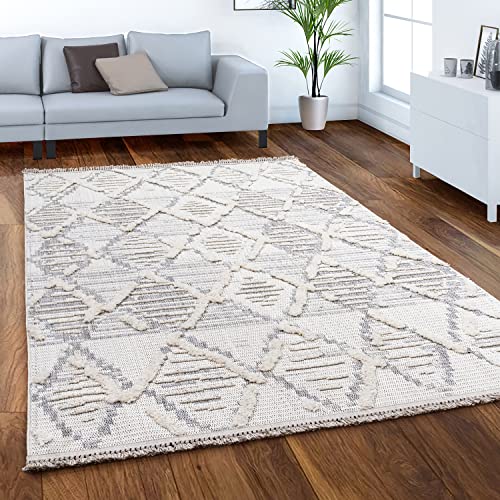 Paco Home Teppich Wohnzimmer Schlafzimmer Kurzflor Boho Vintage Skandi Ethno Abstrakt Geometrisches Muster 3D Effekt Mit Fransen, Grösse:240x340 cm, Farbe:Creme 2 von Paco Home