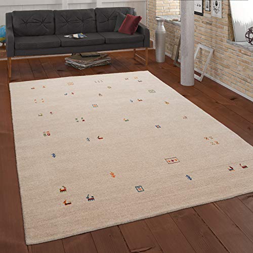 Paco Home Teppich Wohnzimmer Schlafzimmer Kurzflor Ethno Design Geometrisches Muster Handgearbeitet Gabbeh Moderne Deko, Grösse:120x170 cm, Farbe:Creme von Paco Home