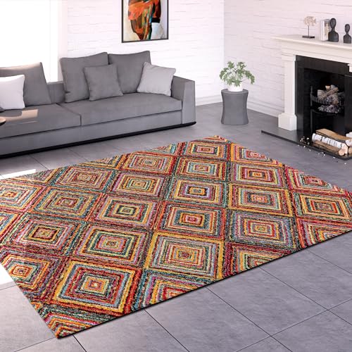 Paco Home Teppich Wohnzimmer Schlafzimmer Kurzflor Ethno Design Geometrisches Muster Rauten Motiv Moderne Deko, Grösse:160x230 cm, Farbe:Bunt 2 von Paco Home
