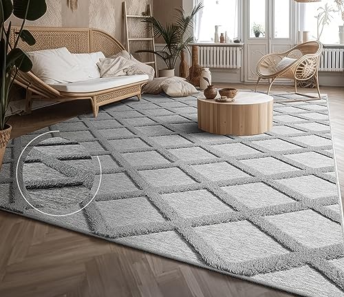 Paco Home Teppich Wohnzimmer Schlafzimmer Kurzflor Modernes Skandinavisches Muster Rauten Motiv Flauschig 3D Grau Anthrazit, Grösse:120x160 cm, Farbe:Grau von Paco Home