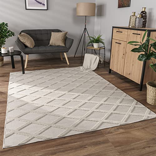 Paco Home Teppich Wohnzimmer Schlafzimmer Kurzflor Modernes Skandinavisches Muster Rauten Motiv Flauschig 3D Grau Anthrazit, Grösse:60x100 cm, Farbe:Creme von Paco Home