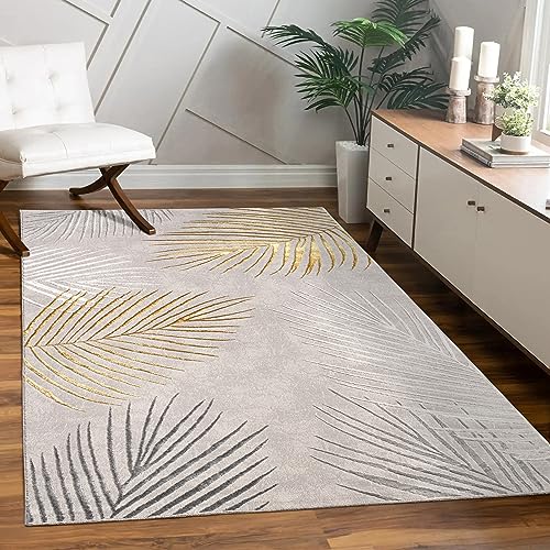 Paco Home Teppich Wohnzimmer Schlafzimmer Kurzflor Palmen Muster Blätter Florales Design Einfarbig Regenbogen Geometrisch, Grösse:200x290 cm, Farbe:Gold von Paco Home