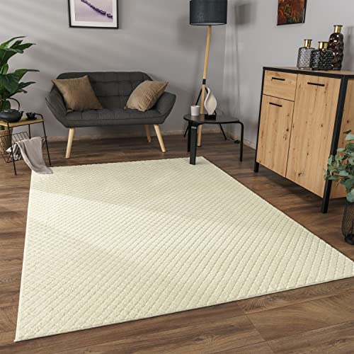 Paco Home Teppich Wohnzimmer Schlafzimmer Kurzflor Skandinavisches Boho Design Geometrisches Rauten Muster 3D Effekt Einfarbig, Grösse:200x280 cm, Farbe:Creme von Paco Home