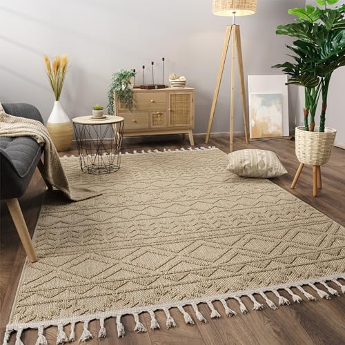 Paco Home Teppich Wohnzimmer Schlafzimmer Kurzflor Skandinavisches Boho Muster Geometrische Optik Einfarbig Fransen Moderne Deko, Grösse:120x160 cm, Farbe:Beige von Paco Home