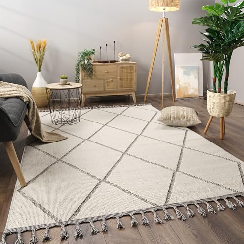 Paco Home Teppich Wohnzimmer Schlafzimmer Kurzflor Skandinavisches Boho Muster Geometrische Optik Einfarbig Fransen Moderne Deko, Grösse:200x280 cm, Farbe:Grau von Paco Home