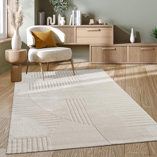 Paco Home Teppich Wohnzimmer Schlafzimmer moderner Kurzflor Abstrakte Organische Designs Geometrisch 3D Effekt hochwertig weich Creme, Grösse:160x230 cm, Farbe:Creme 3 von Paco Home