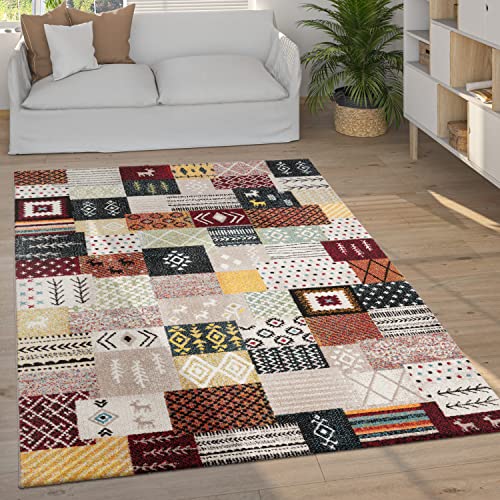 Paco Home Teppich Wohnzimmer Schlafzimmer Kurzflor Vintage Boho Ethno Skandi Geometrisches Muster Streifen Rauten Design, Grösse:80x150 cm, Farbe:Bunt von Paco Home