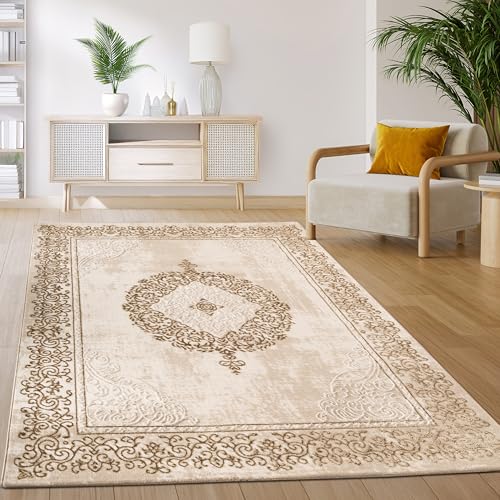 Paco Home Teppich Wohnzimmer Schlafzimmer Kurzflor Vintage Orientalisch Abstraktes Muster Modern Beige Weiß, Grösse:160x220 cm von Paco Home