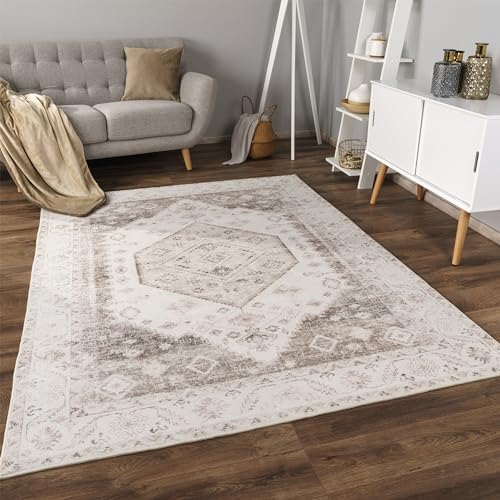 Paco Home Teppich Wohnzimmer Schlafzimmer Kurzflor rutschfest Weich Vintage Orientalisch Mandala Modern Bordüre Ornament, Grösse:120x160 cm, Farbe:Beige 3 von Paco Home