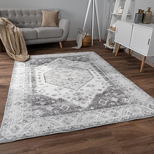 Paco Home Teppich Wohnzimmer Schlafzimmer Kurzflor rutschfest Weich Vintage Orientalisch Mandala Modern Bordüre Ornament, Grösse:120x160 cm, Farbe:Grau 2 von Paco Home