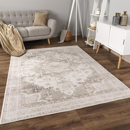 Paco Home Teppich Wohnzimmer Schlafzimmer Kurzflor rutschfest Weich Vintage Orientalisch Mandala Modern Bordüre Ornament, Grösse:160x220 cm, Farbe:Beige von Paco Home