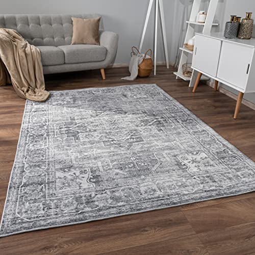 Paco Home Teppich Wohnzimmer Schlafzimmer Kurzflor rutschfest Weich Vintage Orientalisch Mandala Modern Bordüre Ornament, Grösse:240x340 cm, Farbe:Grau von Paco Home