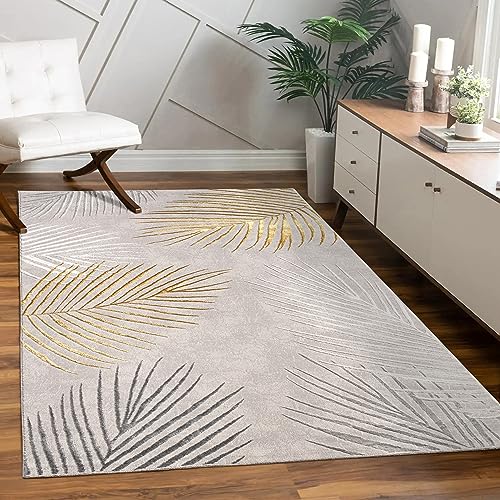 Paco Home Teppich Wohnzimmer Schlafzimmer Moderner Kurzflor glänzendes Palmen-Muster Florales Design Geometrisch Hoch-Tief-Effekt 3D, Grösse:240x340 cm, Farbe:Gold von Paco Home
