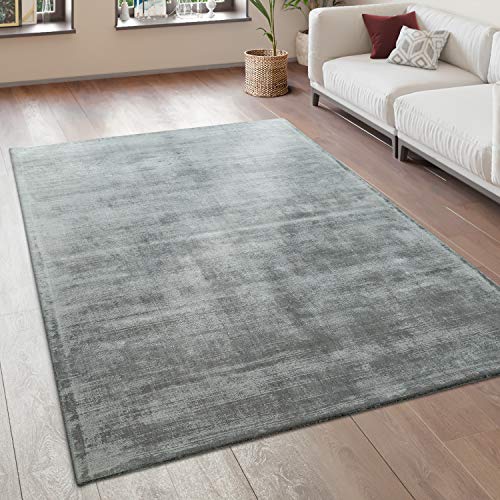 Paco Home Teppich Wohnzimmer Vintage Kurzflor Handgefertigt Hochwertig 100% Viskose, Grösse:200x300 cm, Farbe:Grau von Paco Home