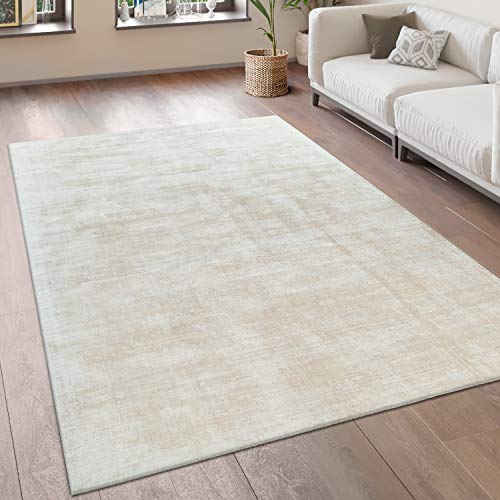 Paco Home Teppich Wohnzimmer Vintage Kurzflor Handgefertigt Hochwertig 100% Viskose, Grösse:240x340 cm, Farbe:Creme von Paco Home