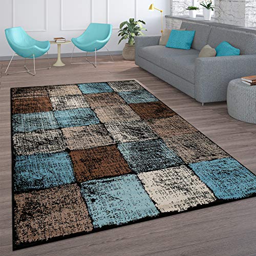 Paco Home Teppich Wohnzimmer Vintage Kurzflor Orientalisch Modern Rautenmuster Geometrisches Design Braun Türkis, Grösse:120x170 cm, Farbe:Braun von Paco Home