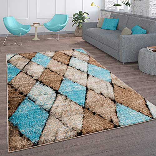 Paco Home Teppich Wohnzimmer Vintage Kurzflor Orientalisch Modern Rautenmuster Geometrisches Design Braun Türkis, Grösse:200x280 cm, Farbe:Beige 2 von Paco Home