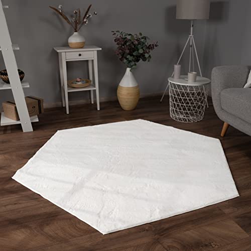 Paco Home Hochflor Teppich Wohnzimmer Flauschig Fellteppich Kunstfell Plüsch Shaggy Weich Fellimitat, Grösse:150x170 cm Sechseckig, Farbe:Weiß von Paco Home