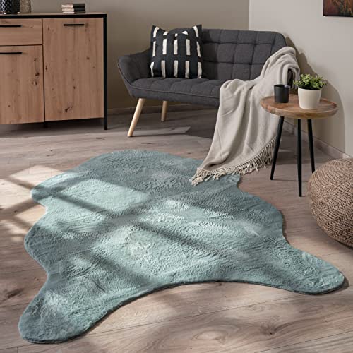 Paco Home Waschbarer Teppich Wohnzimmer Schlafzimmer Kurzflor rutschfest Modern Flauschiger Fellteppich Fell Imitat Kunstfell, Grösse:100x200 cm Fell-Form, Farbe:Türkis von Paco Home