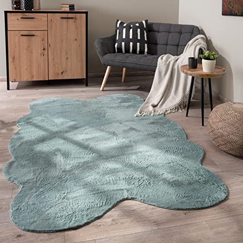 Paco Home Waschbarer Teppich Wohnzimmer Schlafzimmer Kurzflor rutschfest Modern Flauschiger Fellteppich Fell Imitat Kunstfell, Grösse:140x200 cm Fell-Form, Farbe:Türkis von Paco Home