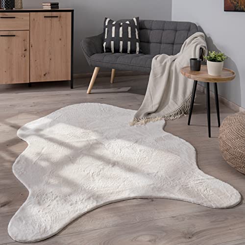 Paco Home Waschbarer Teppich Wohnzimmer Schlafzimmer Kurzflor rutschfest Modern Flauschiger Fellteppich Fell Imitat Kunstfell, Grösse:60x90 cm Fell-Form, Farbe:Creme von Paco Home