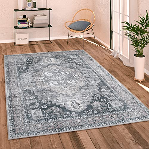 Paco Home Waschbarer Teppich Wohnzimmer Schlafzimmer Vintage Modern Orientalisch Ornament Flachgewebe Bordüre, Grösse:80x150 cm, Farbe:Grau 2 von Paco Home