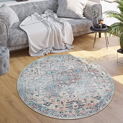 Paco Home Waschbarer Teppich Wohnzimmer Schlafzimmer Vintage Muster Flachgewebe Modern Orientalisch Ornament Pastell, Grösse:120 cm Rund, Farbe:Bunt 4 von Paco Home