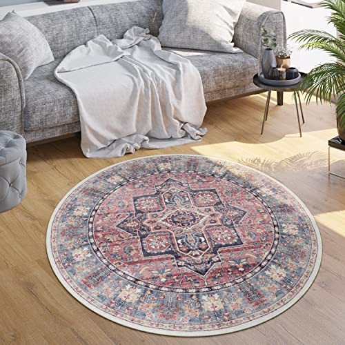 Paco Home Waschbarer Teppich Wohnzimmer Schlafzimmer Vintage Muster Flachgewebe Modern Orientalisch Ornament Pastell, Grösse:120 cm Rund, Farbe:Bunt 2 von Paco Home