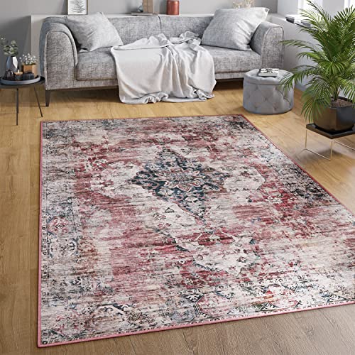 Paco Home Waschbarer Teppich Wohnzimmer Schlafzimmer Vintage Muster Flachgewebe Modern Orientalisch Ornament Pastell, Grösse:60x100 cm, Farbe:Rot von Paco Home