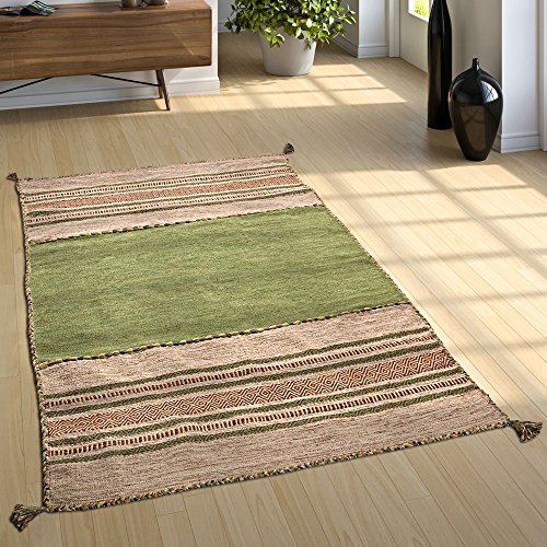 Paco Home Wohnzimmer Natur Teppich m. Fransen, Handgewebter Muster Kelim, 100% Baumwolle, Grösse:160x220 cm, Farbe:Grün von Paco Home