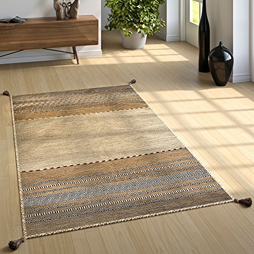 Paco Home Wohnzimmer Natur Teppich m. Fransen, Handgewebter Muster Kelim, 100% Baumwolle, Grösse:200x290 cm, Farbe:Beige von Paco Home