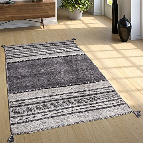 Paco Home Wohnzimmer Natur Teppich m. Fransen, Handgewebter Muster Kelim, 100% Baumwolle, Grösse:200x290 cm, Farbe:Grau von Paco Home
