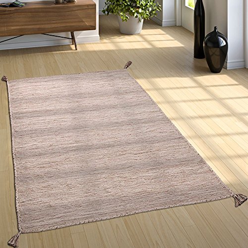 Paco Home Wohnzimmer Natur Teppich m. Fransen, Moderner Handgewebter Kelim, 100% Baumwolle, Grösse:200x290 cm, Farbe:Beige von Paco Home