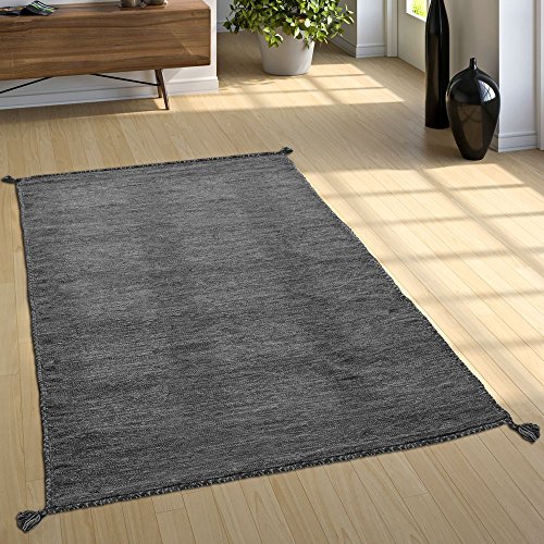 Paco Home Wohnzimmer Natur Teppich m. Fransen, Moderner Handgewebter Kelim, 100% Baumwolle, Grösse:200x290 cm, Farbe:Grau von Paco Home