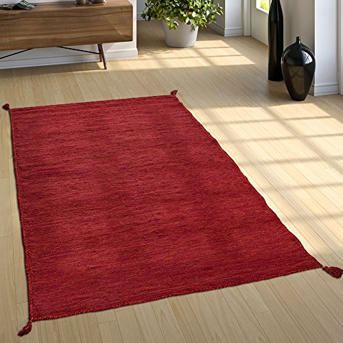 Paco Home Wohnzimmer Natur Teppich m. Fransen, Moderner Handgewebter Kelim, 100% Baumwolle, Grösse:80x150 cm, Farbe:Rot von Paco Home