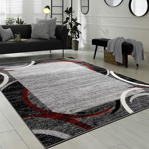 Paco Home Wohnzimmer Teppich Bordüre Kurzflor Meliert Modern Hochwertig Grau Schwarz Rot, Grösse:80x300 cm von Paco Home