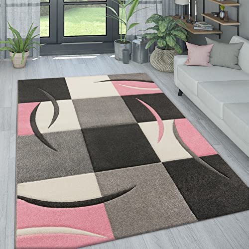 Paco Home Wohnzimmer Teppich In Modernen Pastell Farben, Karo Muster m. 3D Effekt, Grösse:200x290 cm, Farbe:Pink von Paco Home