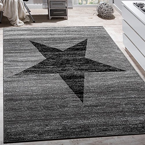 Paco Home Wohnzimmer Teppich Mit Stern Muster, Moderner Kinder- und Jugendzimmer Kurzflor, Grösse:160x220 cm, Farbe:Grau von Paco Home