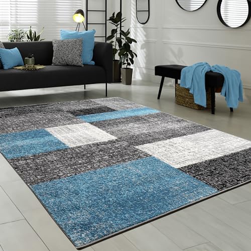 Paco Home Wohnzimmer Teppich Modern Kurzflor Karo Design Used Look Türkis Grau Weiß, Grösse:60x100 cm von Paco Home