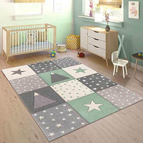 Teppich Kinderzimmer Kinderteppich Junge Mädchen Pastell 3D Effekt Modern Berge Sterne Punkte Grün Grau Creme, Grösse:120x170 cm von Paco Home