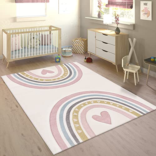 Teppich Kinderzimmer Kinderteppich Spielteppich Junge Mädchen Pastell 3D Optik Modern Regenbogen Herz Punkte, Grösse:120x170 cm, Farbe:Pink von Paco Home