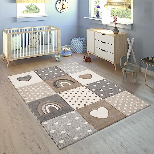 Teppich Kinderzimmer Kinderteppich Spielteppich Junge Mädchen Pastell 3D Optik Modern Regenbogen Herz Punkte, Grösse:133 cm Quadrat, Farbe:Beige 2 von Paco Home