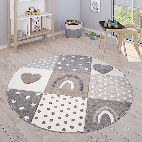 Teppich Kinderzimmer Kinderteppich Spielteppich Junge Mädchen Pastell 3D Optik Modern Regenbogen Herz Punkte, Grösse:160 cm Rund, Farbe:Beige 2 von Paco Home