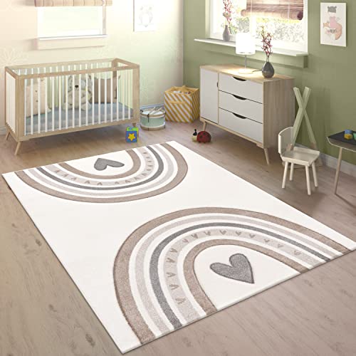 Teppich Kinderzimmer Kinderteppich Spielteppich Junge Mädchen Pastell 3D Optik Modern Regenbogen Herz Punkte, Grösse:160x230 cm, Farbe:Beige von Paco Home