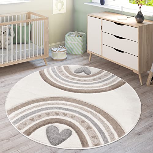 Teppich Kinderzimmer Kinderteppich Spielteppich Junge Mädchen Pastell 3D Optik Modern Regenbogen Herz Punkte, Grösse:200 cm Rund, Farbe:Beige von Paco Home