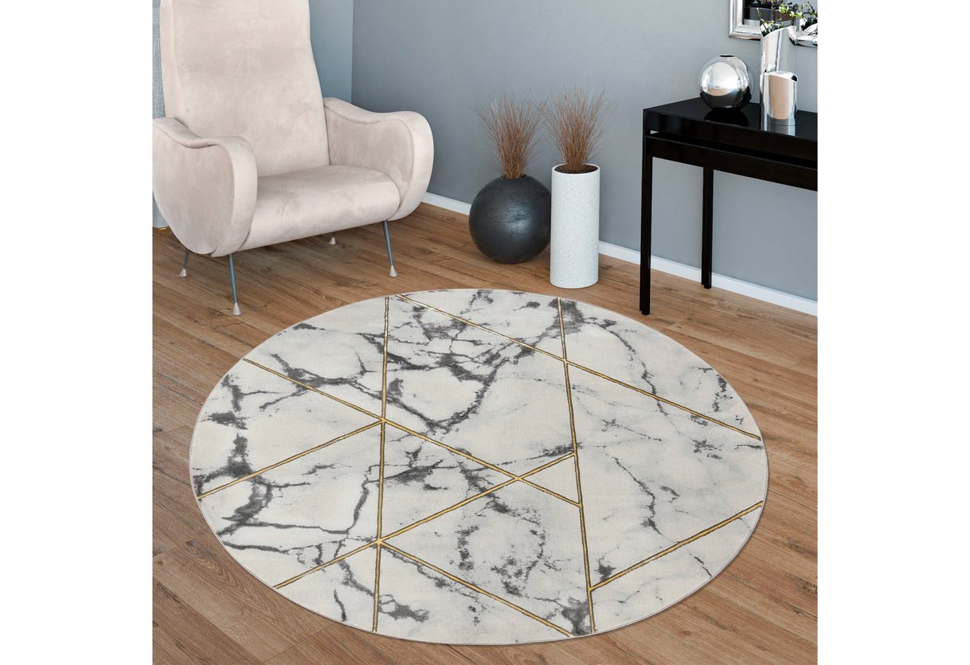 Paco Home Teppich Kraft 524, rund, Höhe: 15 mm, Kurzflor, modernes Marmor-Design, mit gold-/silberfarbenen Akzenten Paco Home Teppich Kraft 524, rund, Höhe: 15 mm, Kurzflor, modernes Marmor-Design, mit gold-/silberfarbenen Akzenten von Paco Home