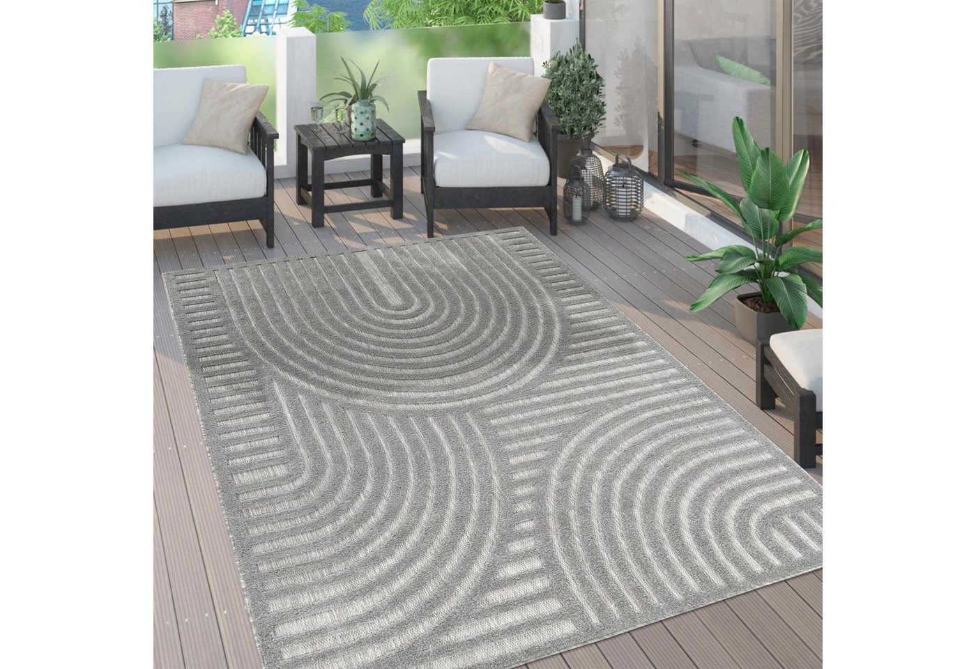 Paco Home Teppich Livorno 674, rechteckig, Höhe: 14 mm, Uni Farben, moderner Hoch-Tief-Effekt, Scandi-Look, Outdoor geeignet von Paco Home