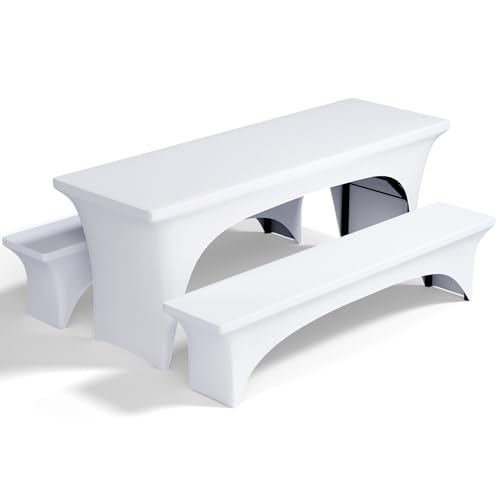 Pacok Biertischhussen Elastisch Set 3tlg,Tischhussen für Bierzeltgarnitur Weiss Bierbank Hussen Stretch,Bierzelt Hussen für 50cm Tischbreite(220x50x79cm) von Pacok