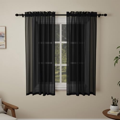 Pacok Voile Vorhänge Transparent Gardinen für Wohnzimmer Modern,2er Set Kurz Vorhang Durchsichtig Schwarz Rod Tasche für Schlafzimmer H145 x B150cm Pacok Voile Vorhänge Transparent Gardinen für Wohnzimmer Modern,2er Set Kurz Vorhang Durchsichtig Schwarz Rod Tasche für Schlafzimmer H145 x B150cm von Pacok